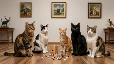 Cena surrealista de um museu misterioso repleto de gatos enigmáticos, pinturas estranhas e objetos de um jogo de puzzle independente