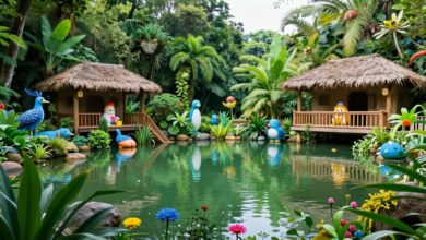 Lago encantado de Pondlife com criaturas mágicas, vegetação aquática e estruturas de personalização em um cenário acolhedor