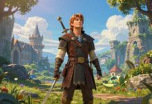 Uma paisagem mágica e vibrante de Albion com um herói em destaque, capturando a essência de fantasia e aventura da série Fable.
