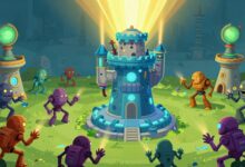 Uma representação em estilo cartoon tridimensional de um castelo futurista cercado por torres de laser defendendo-se contra hordas de robôs alienígenas.
