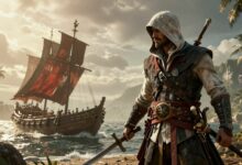 Uma representação artística épica de um navio pirata navegando em águas tropicais durante o pôr do sol, refletindo a estética de aventura de Assassin's Creed.