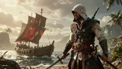 Uma representação artística épica de um navio pirata navegando em águas tropicais durante o pôr do sol, refletindo a estética de aventura de Assassin's Creed.