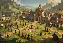 Uma representação épica de uma cidade medieval em construção com generais ao comando, destacando o estilo visual e estratégico do jogo Rise of Kingdoms.