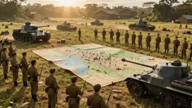 Uma cena tática de um jogo de estratégia retratando um campo de batalha histórico com soldados, mapas militares e tanques antigos ao pôr do sol, estilo épico e imersivo.