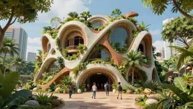 Cidade futurista e sustentável de D-topia com arquitetura orgânica, natureza integrada e personagens explorando um ambiente de ficção científica otimista