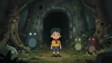 Capa inspirada em Undertale, mostrando uma criança no subterrâneo diante de monstros carismáticos, com estética retrô, atmosfera misteriosa e cores marcantes