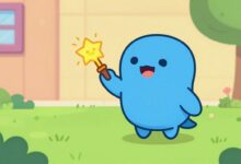 Pequeno blob azul simpático atravessando um cenário colorido de plataforma indie, com obstáculos divertidos e atmosfera bem-humorada