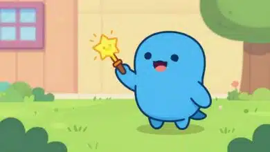 Pequeno blob azul simpático atravessando um cenário colorido de plataforma indie, com obstáculos divertidos e atmosfera bem-humorada
