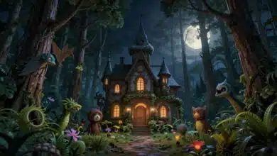Fazenda gótica iluminada pela lua em Moonlight Peaks, cercada por criaturas sobrenaturais, plantações mágicas e uma floresta misteriosa