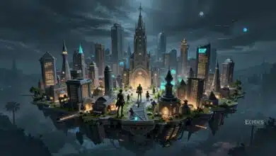 Arte conceitual de Echoes of Aincrad com uma cidade flutuante, aventureiros armados e um cenário de fantasia digital sombria