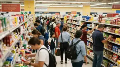Cena vibrante de um supermercado movimentado em um jogo de gerenciamento, com prateleiras cheias, clientes, caixas e funcionários enfrentando o caos da operação.