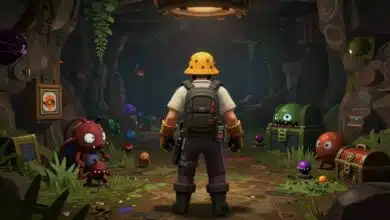 Personagem de Terraria explorando uma caverna repleta de minérios, baús e inimigos, com equipamentos avançados e iluminação dramática