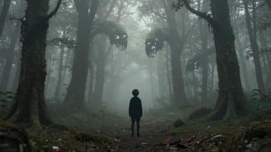 O pequeno protagonista de LIMBO visto como uma silhueta em uma floresta monocromática, cercado por névoa, árvores ameaçadoras e atmosfera de mistério.