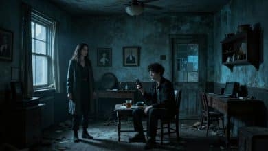 Cena mobile misteriosa com uma personagem explorando uma casa abandonada, fotografias antigas, luz azulada e atmosfera cinematográfica de investigação