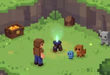 Cena de Terraria em pixel art mostrando um aventureiro explorando uma caverna subterrânea iluminada por tochas, com minérios, baús e criaturas ao redor.