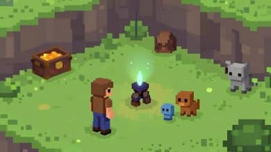 Cena de Terraria em pixel art mostrando um aventureiro explorando uma caverna subterrânea iluminada por tochas, com minérios, baús e criaturas ao redor.