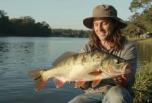Cena acolhedora de um jogo de pesca: um jogador à margem de um lago sereno ao amanhecer, segurando uma vara enquanto a linha forma ondas suaves na água e peixes aparecem sob a superfície.