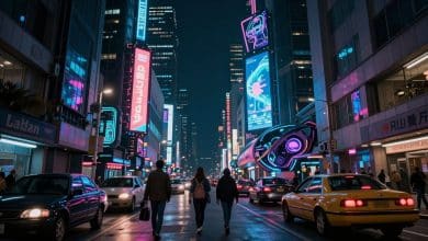 V caminhando por uma avenida iluminada de Night City, com arranha-céus, anúncios holográficos, carros futuristas e atmosfera cyberpunk