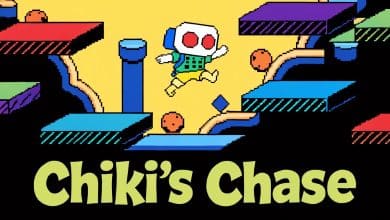 Arte de capa de Chiki's Chase mostrando um pequeno personagem em pixel art saltando sobre obstáculos coloridos em uma fase de plataforma dinâmica.