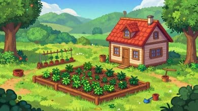 Cena acolhedora de Stardew Valley com uma fazenda no início da primavera, canteiros recém-plantados, ferramentas e uma casa de madeira ao amanhecer.