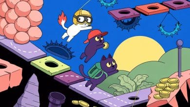 Arte colorida de um jogo mobile de plataforma 2D mostrando gatos aventureiros saltando entre plataformas, moedas e obstáculos em um cenário alegre.