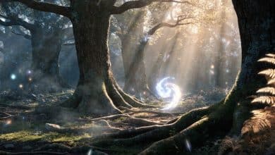 Ori, um pequeno espírito guardião luminoso, explora uma floresta fantástica de Nibel com árvores antigas, luzes mágicas e atmosfera cinematográfica.