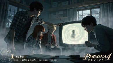 Arte conceitual de Persona 4 Revival mostrando um grupo de jovens investigadores em Inaba, diante de uma televisão envolta em névoa, com estética de RPG japonês e clima de mistério.
