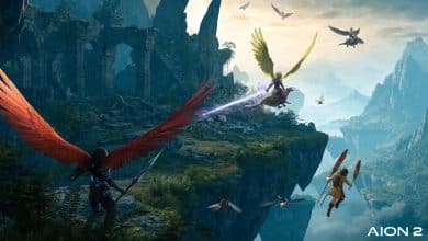Aventureiros alados exploram uma ilha flutuante de fantasia em AION 2, com ruínas antigas, montanhas distantes e combate iminente.