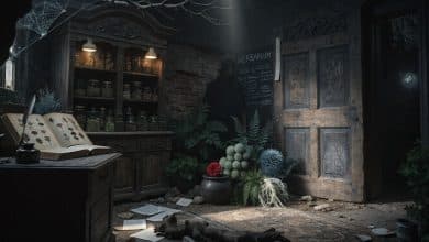 Uma loja de plantas misteriosa em Undermere, com um herbário aberto, flores incomuns e uma atmosfera sombria de investigação sobrenatural.