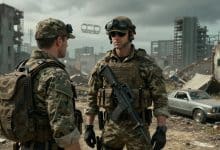 Solid Snake envelhecido, com uniforme de camuflagem adaptativa, observa um campo de batalha futurista entre ruínas urbanas, em uma cena de espionagem tática inspirada em Metal Gear Solid 4.