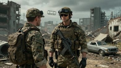 Solid Snake envelhecido, com uniforme de camuflagem adaptativa, observa um campo de batalha futurista entre ruínas urbanas, em uma cena de espionagem tática inspirada em Metal Gear Solid 4.