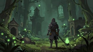 O Cavaleiro explora uma ruína subterrânea de Hallownest em Hollow Knight, cercado por vegetação luminosa, sombras e arquitetura antiga