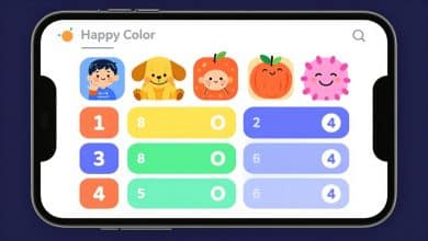 Tela de celular exibindo uma ilustração colorida por números no aplicativo Happy Color, com desenhos vibrantes e interface acolhedora